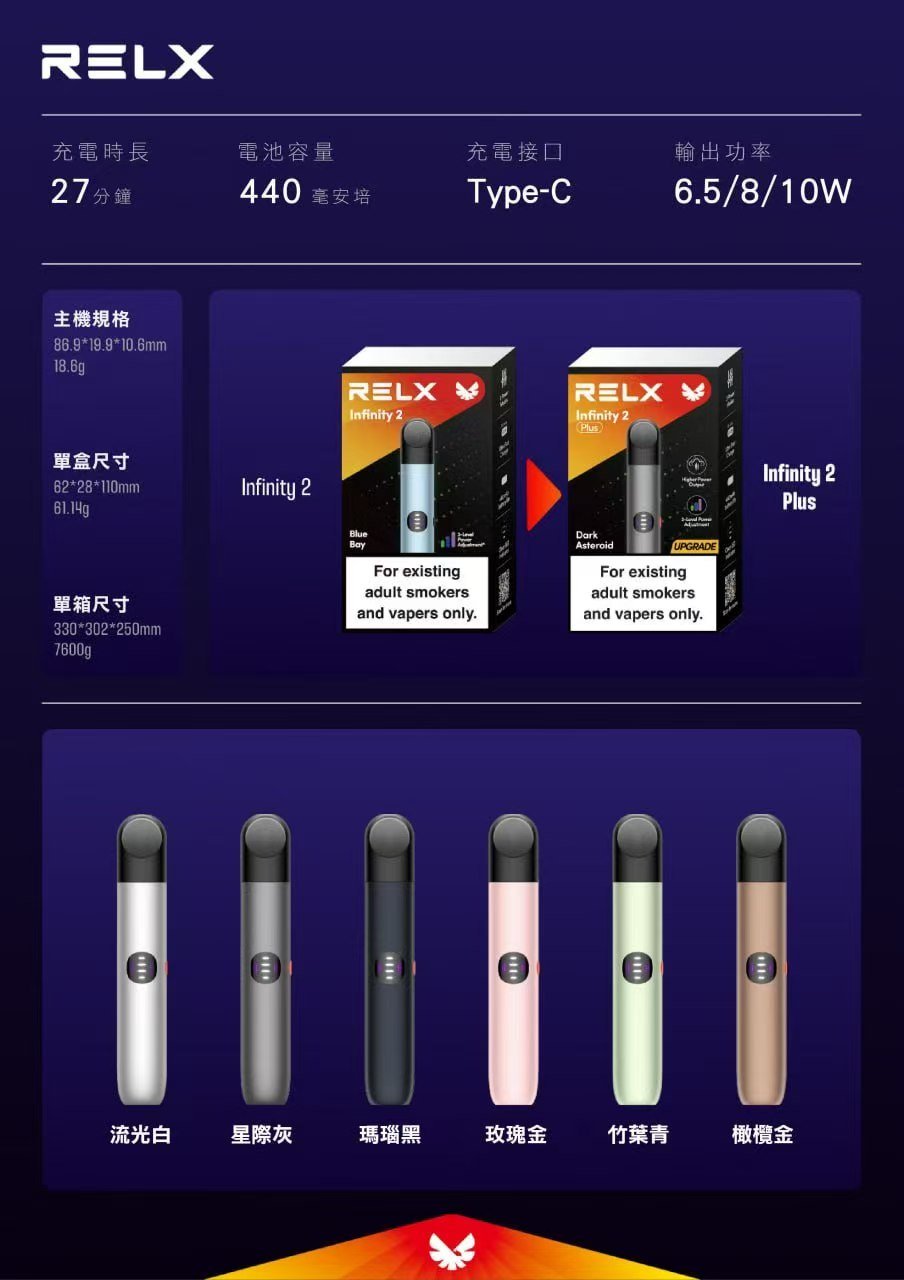 Relx Infinity 2 電子煙主機全款式展示，含多款顏色變化